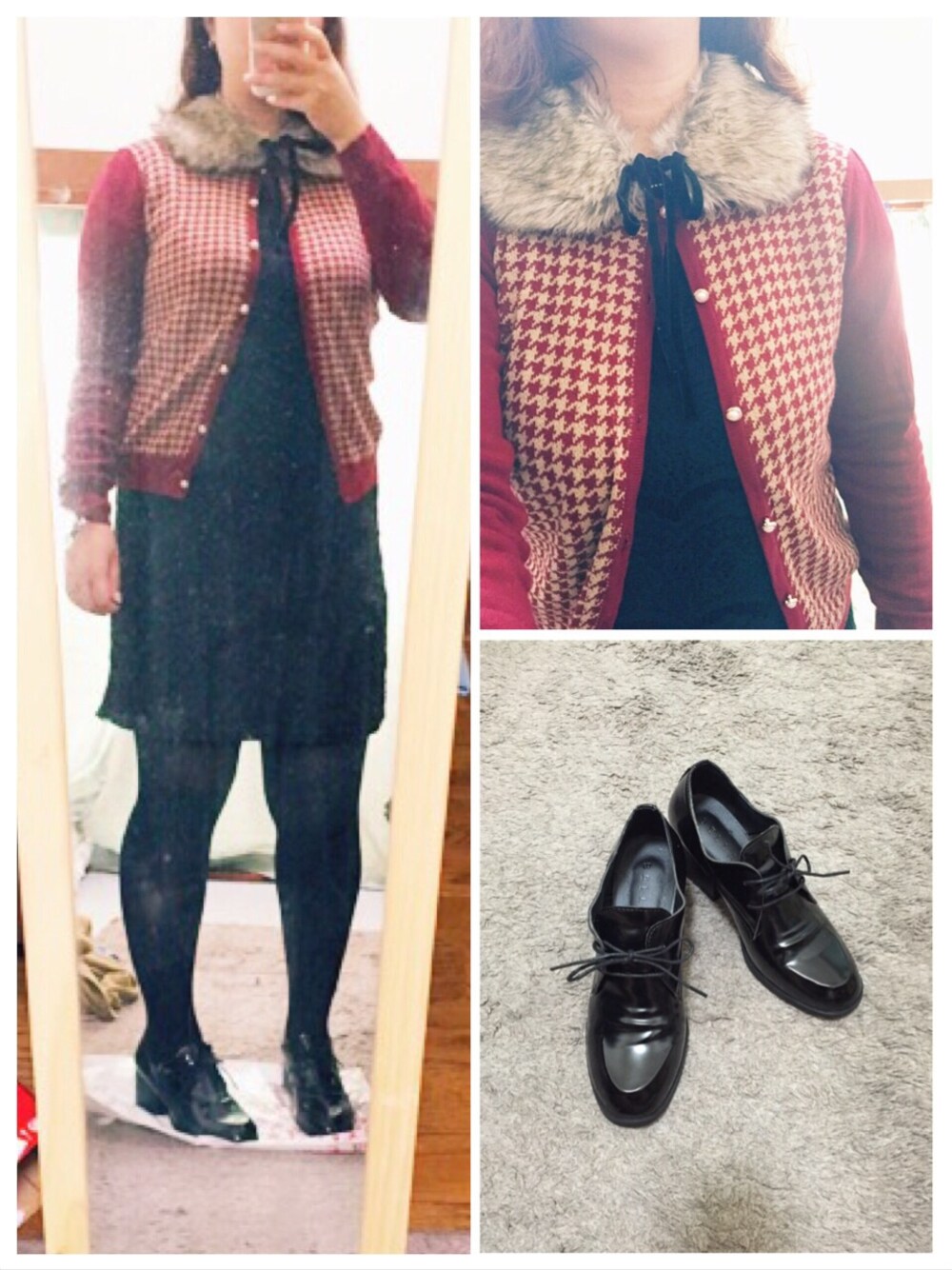 レッド系のカーディガン/ボレロ、ブラック系のその他シューズ、ブラック系のワンピースを着用したレディースの秋コーディネートの1枚目の写真