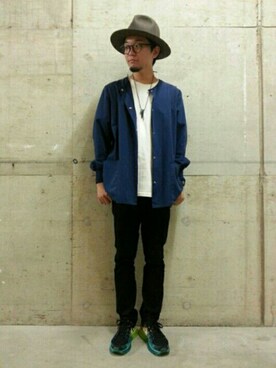 「ツバ広ハット」｜「アイテム（ノーカラージャケット）」を使った、くすくすさん（メンズ・167cm）の秋コーディネート