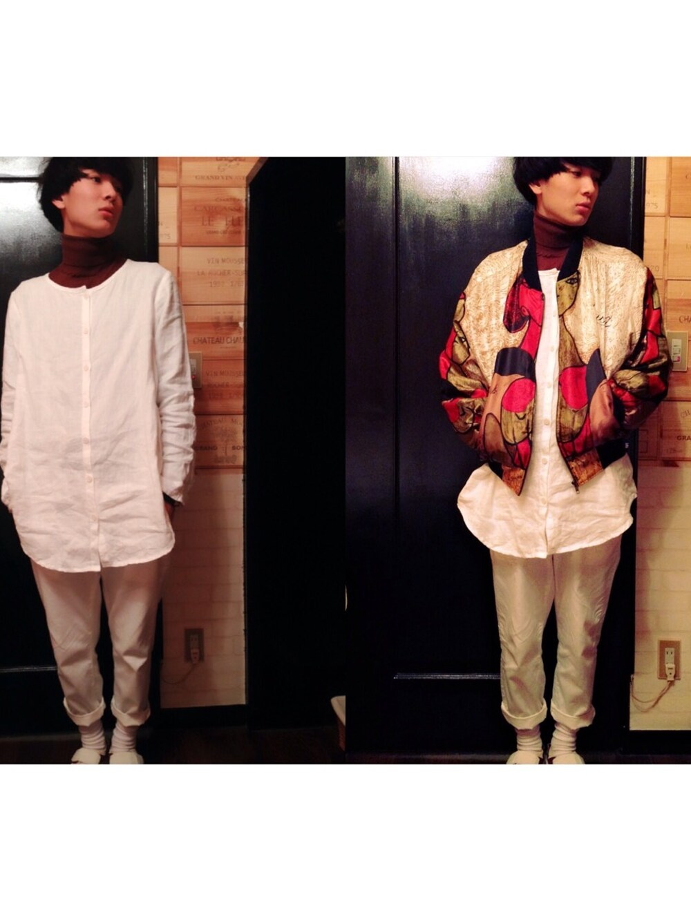 ブラウン系のニット/セーター、ホワイト系のシャツ/ブラウス、ベージュ系のブルゾンを着用したメンズの冬コーディネートの1枚目の写真