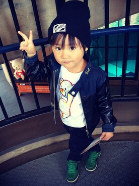 「アイテム（ライダースジャケット）」を使った、shuto.yさん（キッズ・100cm）の冬コーディネート