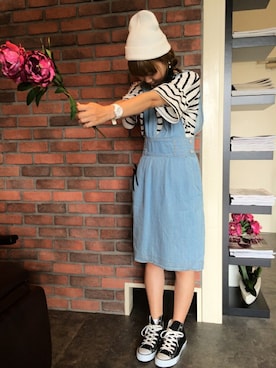 「サロペットスカート」｜「アイテム（ニットキャップ/ビーニー）」を使った、n@omiさん（レディース・159cm）の秋コーディネート