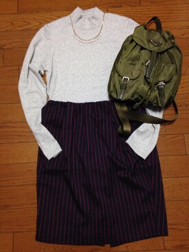 「CIAOPANIC（チャオパニック）の【Ciaopanic】ウエストギャザーストライプSK（スカート、レッド系）」を使った、kaoriさん（レディース・154cm）の秋コーディネート