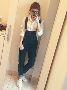 「白いスニーカー」｜「アイテム（サロペット/オーバーオール）」を使った、mayuさん（レディース・151cm）の春コーディネート