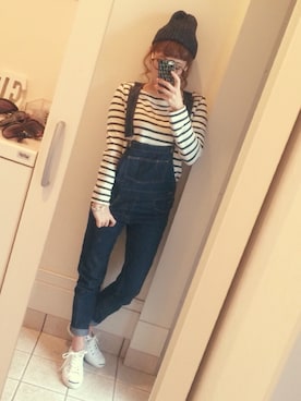 「白いスニーカー」｜「アイテム（サロペット/オーバーオール）」を使った、mayuさん（レディース・151cm）の春コーディネート