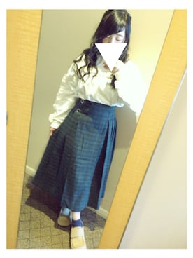 「merry jenny（メリージェニー）のﾍﾞﾙﾄﾁｪｯｸﾐﾃﾞｨｽｶｰﾄ（スカート、グリーン系）」を使った、ayakaさん（レディース・145cm）の冬コーディネート