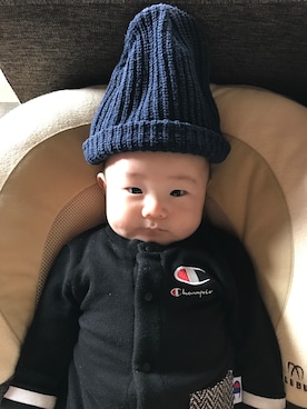 「Champion（チャンピオン）のアイテム（ロンパース、ブラック系）」を使った、I.Nさん（キッズ・70cm）の秋コーディネート