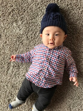 「POLO RALPH LAUREN CHILDRENSWEAR（ポロ ラルフ ローレン チルドレンズウェア）のBlake プラッド コットン シャツ（シャツ/ブラウス、レッド系）」を使った、I.Nさん（キッズ・70cm）の秋コーディネート
