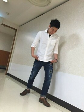 「NICOLE CLUB FOR MEN（ニコルクラブフォーメン）の【お買い得商品】綿麻ホリゾンタルカラー7分袖シャツ（シャツ/ブラウス）」を使った、ニコルさん（メンズ・170cm）の夏コーディネート