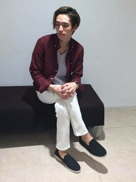 「ボルドー×ホワイト」｜ニコルさん（メンズ・170cm）の夏コーディネート