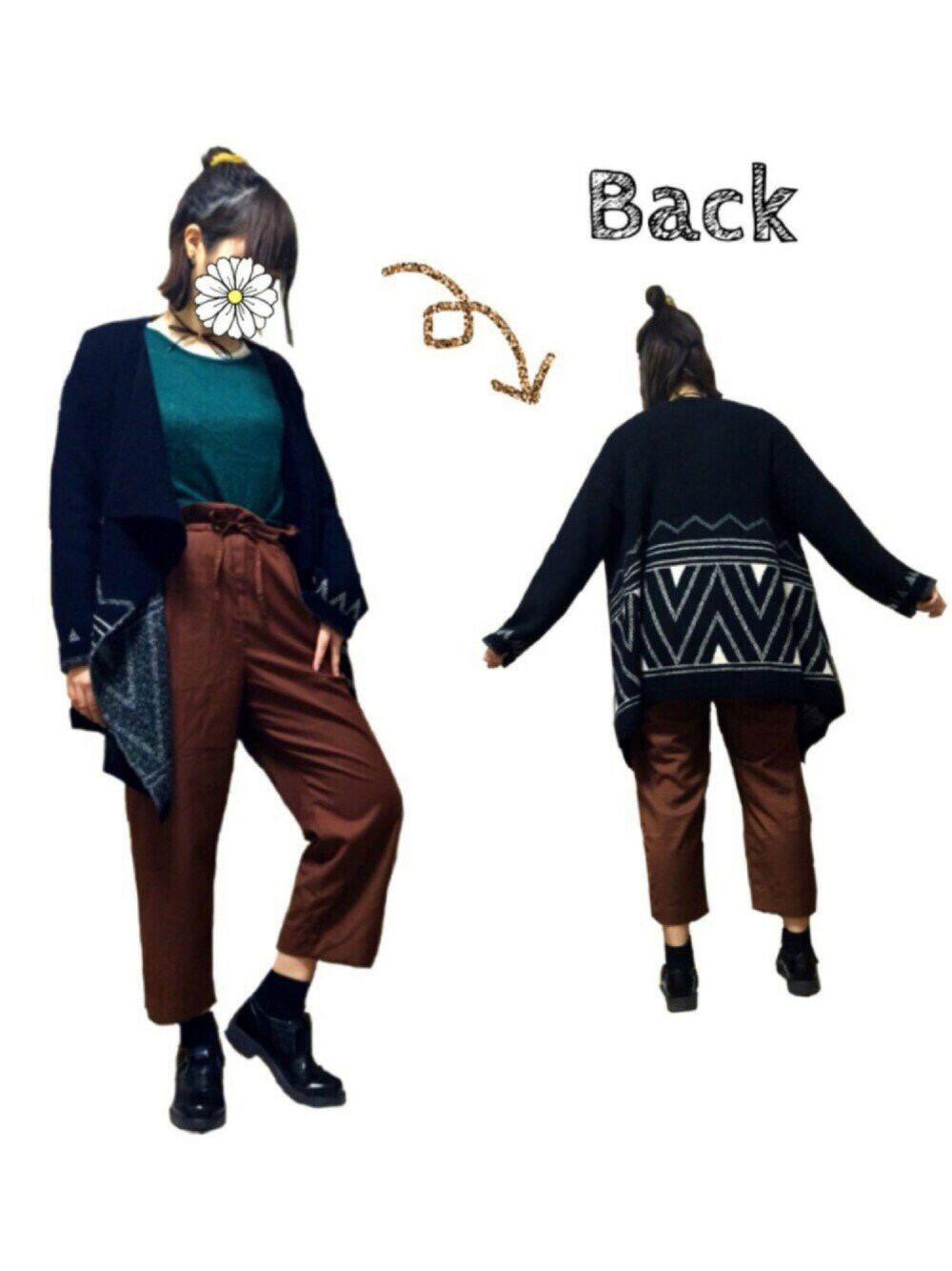 グリーン系のニット/セーター、ブラウン系のその他パンツ、ブラック系のシューズを着用したレディースの秋コーディネートの1枚目の写真