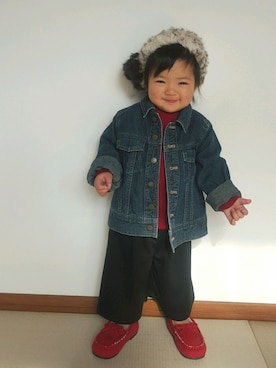 「アイテム（モカシン/デッキシューズ）」を使った、onachuさん（キッズ・80cm）の冬コーディネート