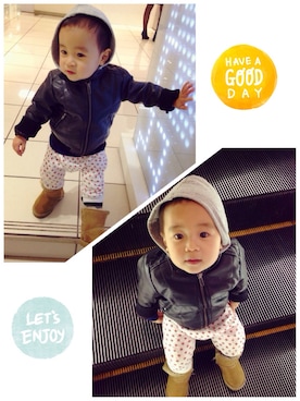 「アイテム（ライダースジャケット）」を使った、優さん（キッズ・70cm）の冬コーディネート