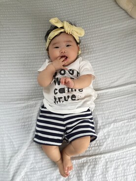 「ZARA KIDSのアイテム（Tシャツ/カットソー、ホワイト系）」を使った、koharuさん（キッズ・70cm）の夏コーディネート