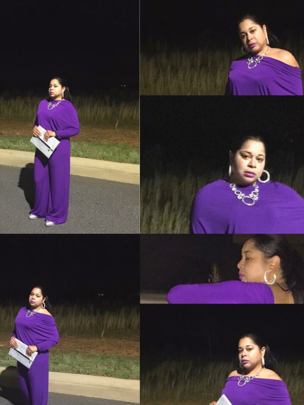 「fridaynight_teenvogue、jumpsuit」｜「Ehyeh boutiqueのアイテム（その他、パープル系）」を使った、Latoya Johnsonさん（レディース・170cm）の秋コーディネートの1枚目の写真