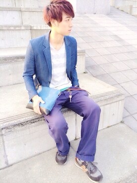 「HARE（ハレ）のキリカエキップレザークラッチ（バッグ、ブルー系）」を使った、なるたくさん（メンズ・181cm）の春コーディネート