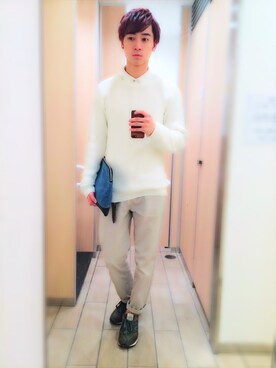 「RAGEBLUE（レイジブルー）のカワリアミニット長袖（トップス、ホワイト系）」を使った、なるたくさん（メンズ・181cm）の春コーディネート