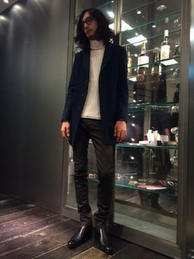 「5351 POUR LES HOMMES（ゴーサンゴーイチプールオム）のアイテム（チェスターコート）」を使った、Watanabeさん（メンズ・190cm）の秋コーディネート