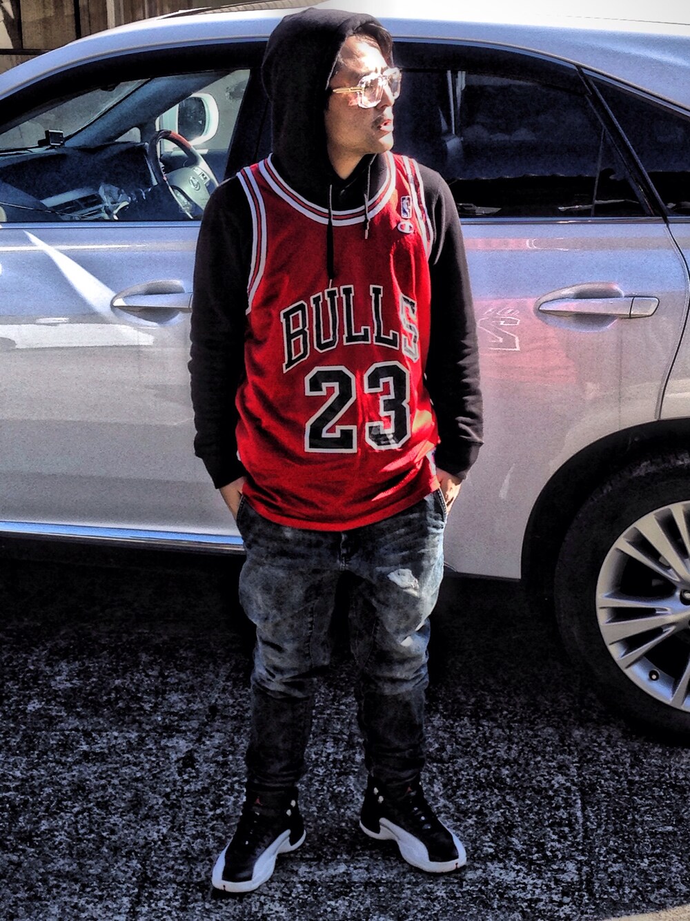 「NIKE、AIR JORDAN、cazal、UNIQLO、supreme、APPLEBUM」｜「Championのアイテム（ジャージ、レッド系）」を使った、CAPTAINさん（メンズ・171cm）の冬コーディネートの1枚目の写真