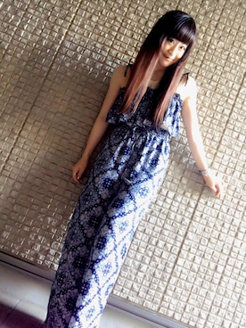 「アイテム（チューブトップ、ブルー系）」を使った、naoさん（レディース・157cm）の夏コーディネート