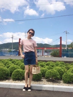 「ショートパンツ」｜「アイテム（レッド系）」を使った、miisuuzuukiiさん（レディース・161cm）の春コーディネート