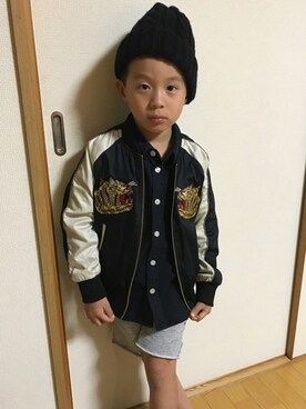 「BIG FIELD（ビッグフィールド）のアイテム（ブルゾン）」を使った、kanta♡nikoさん（キッズ・120cm）の秋コーディネート