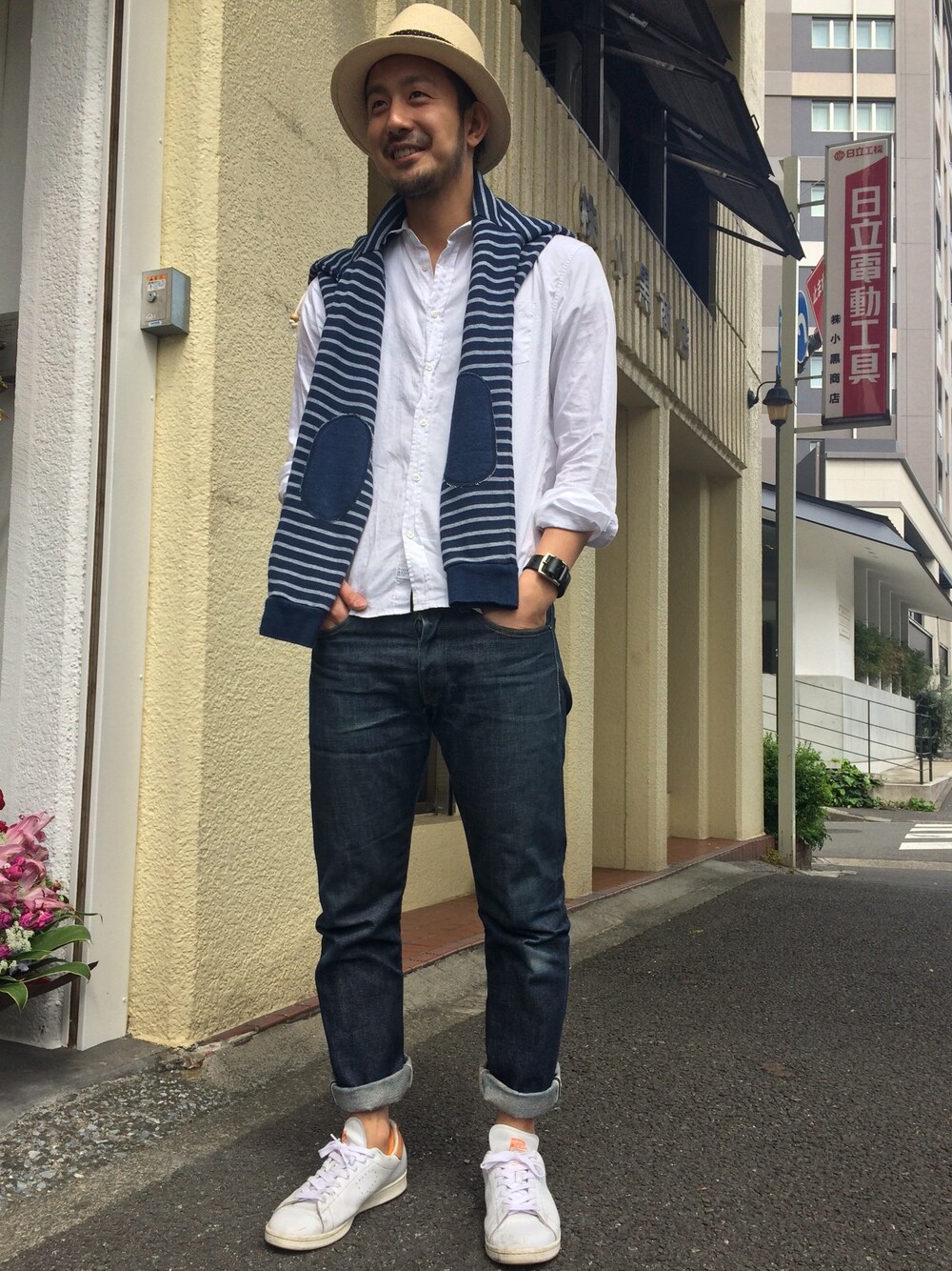 「ハット、ワコマリア、WACKO MARIA 、Frank＆Eileen、fabric、デニム、スニーカー、白シャツ」｜「WACKO MARIAのアイテム（ハット、ホワイト系）」を使った、Takuma(irieYOKOHAMA)さん（メンズ・178cm）の春コーディネートの1枚目の写真