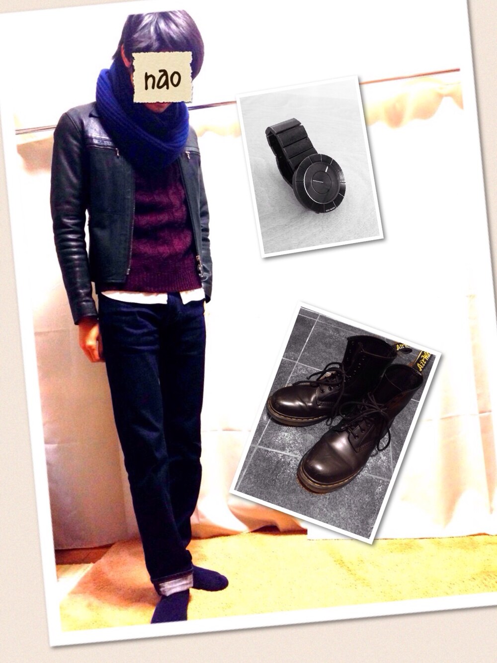 ブラック系のライダースジャケット、ブルー系のデニムパンツ、ホワイト系のシャツ/ブラウスを着用したメンズの冬コーディネートの1枚目の写真