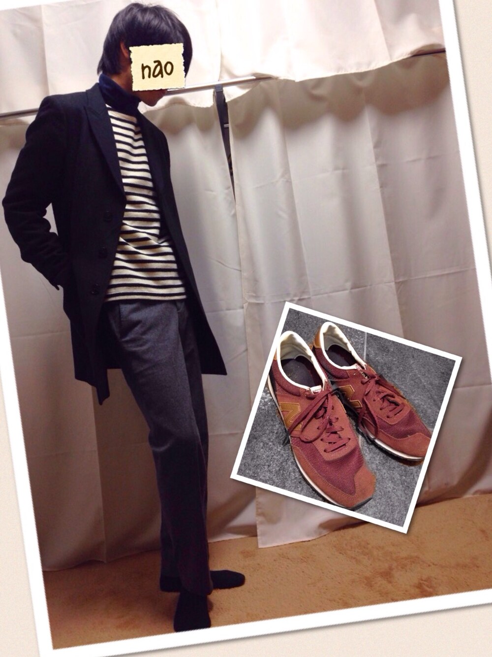 ブラック系のカバーオール、ブルー系のその他トップス、ホワイト系のニット/セーターを着用したメンズの冬コーディネートの1枚目の写真