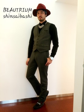 「no brand（ノーブランド）のアイテム（ハット）」を使った、本多 友樹さん（メンズ・184cm）の冬コーディネート