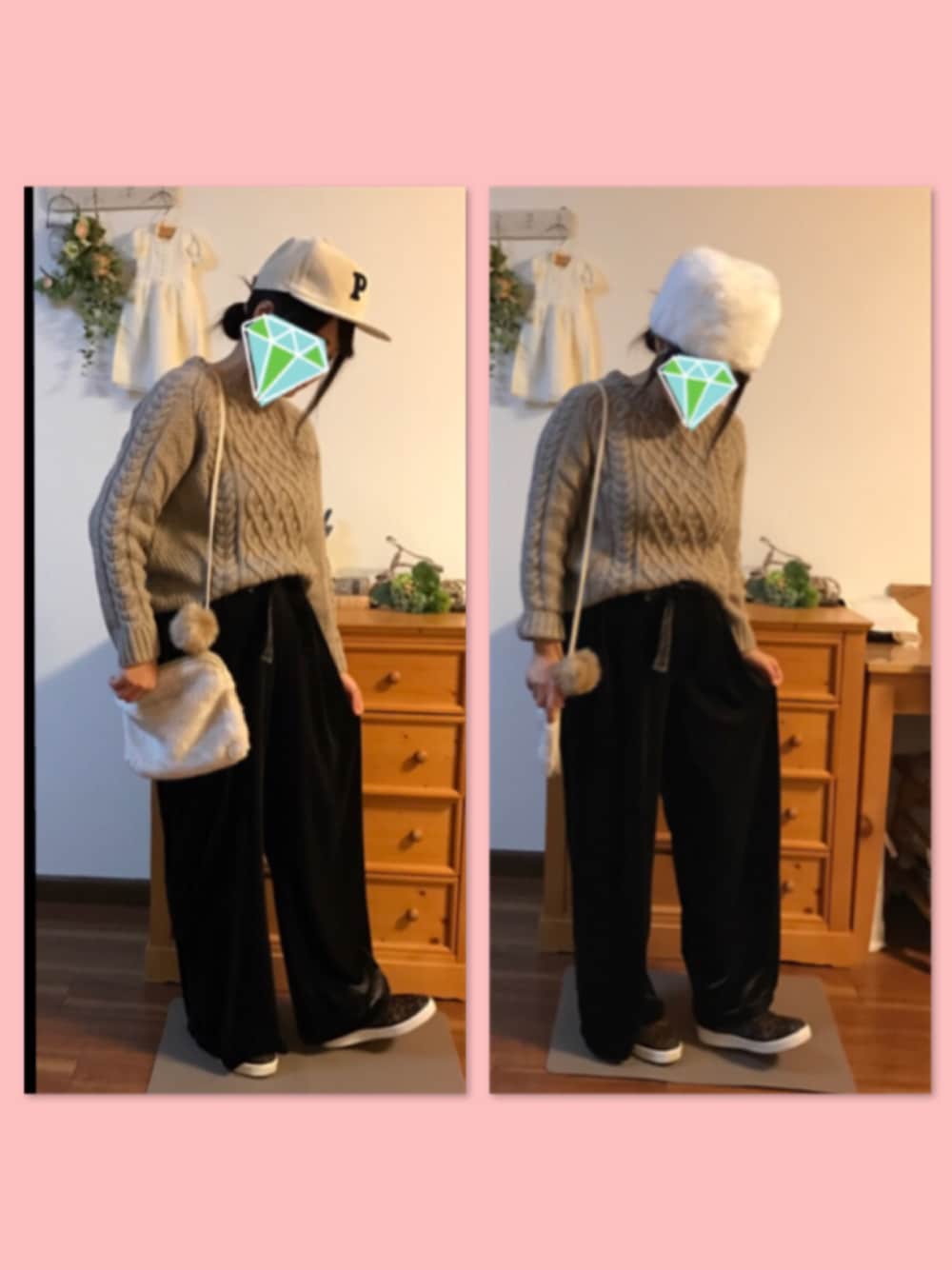 ブラウン系のパンツ、ベージュ系のニット/セーター、ブラウン系のスニーカーを着用したレディースの冬コーディネートの1枚目の写真
