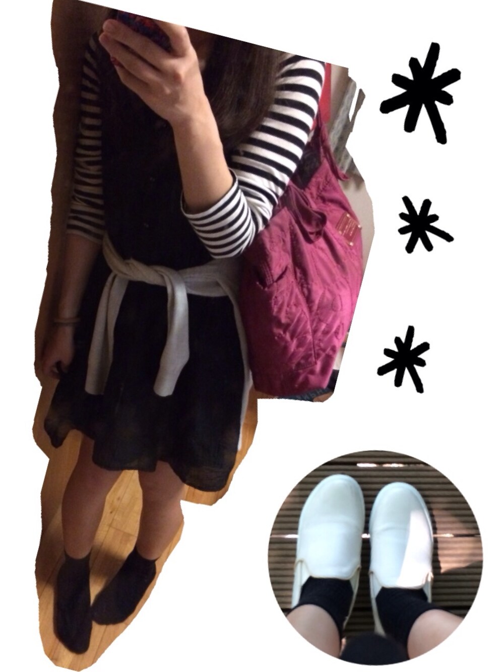 ベージュ系のスニーカー、グレー系のカーディガン/ボレロを着用したレディースの秋コーディネートの1枚目の写真