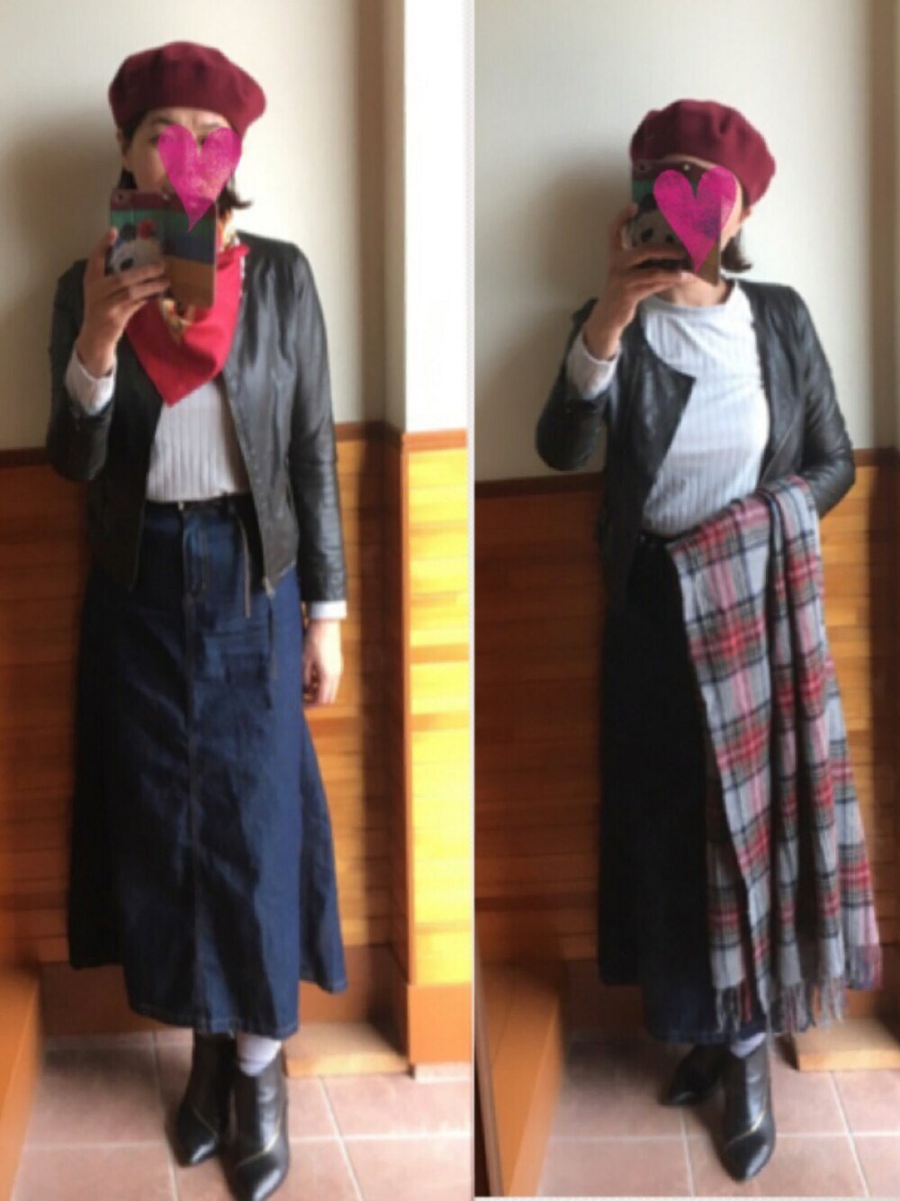 ブラック系のライダースジャケット、グレー系のTシャツ/カットソー、ブルー系のデニムスカートを着用したレディースの秋コーディネートの1枚目の写真