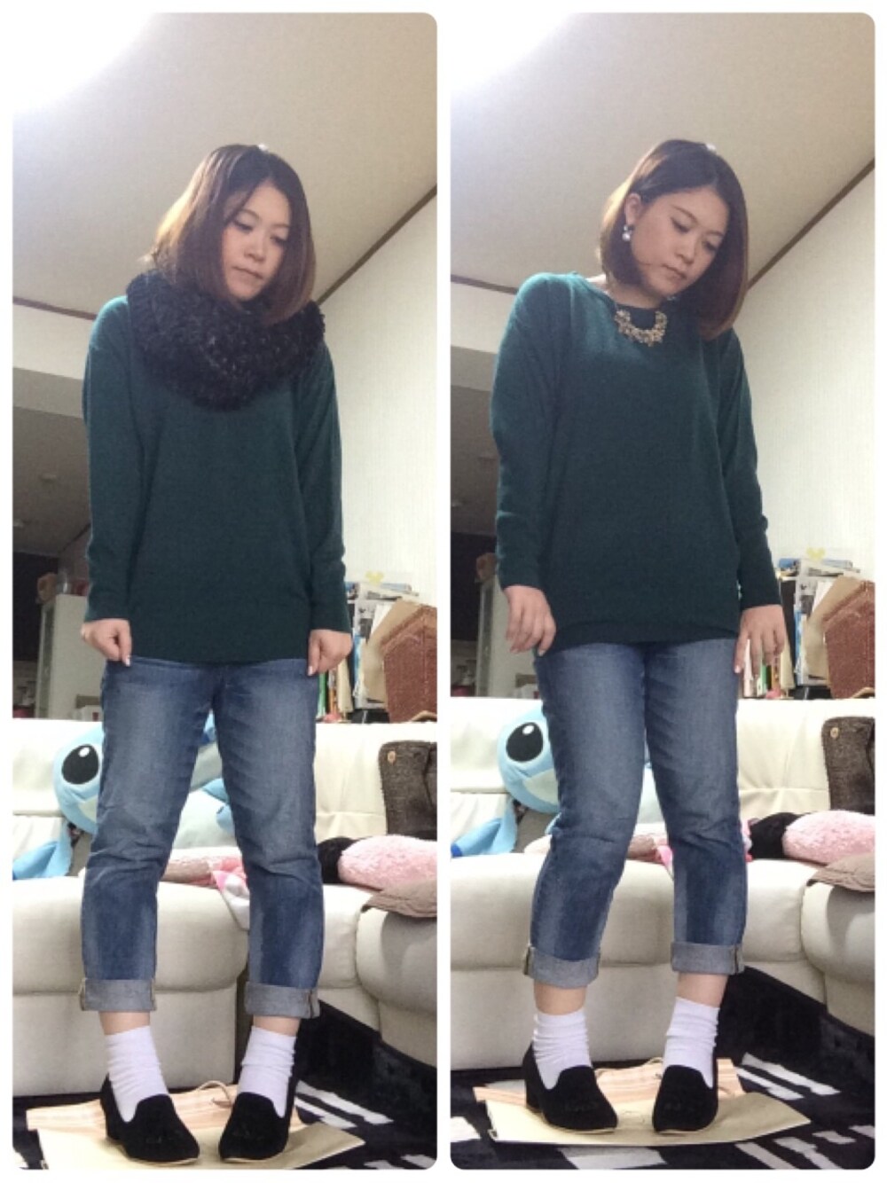 グリーン系のニット/セーター、ブラック系のストール/ショール、その他のその他を着用したレディースの秋コーディネートの1枚目の写真