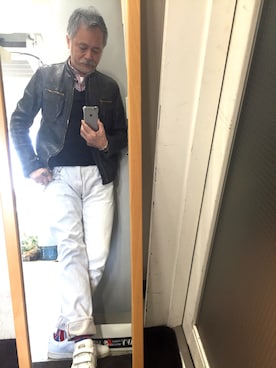 「おじさん」｜「アイテム（ライダースジャケット）」を使った、Satisfactionさん（メンズ・175cm）の冬コーディネート