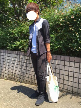 「JEANS MATE（ジーンズメイト）のアイテム（シャツ/ブラウス、ブラック系）」を使った、しょーさん（メンズ・174cm）の夏コーディネート