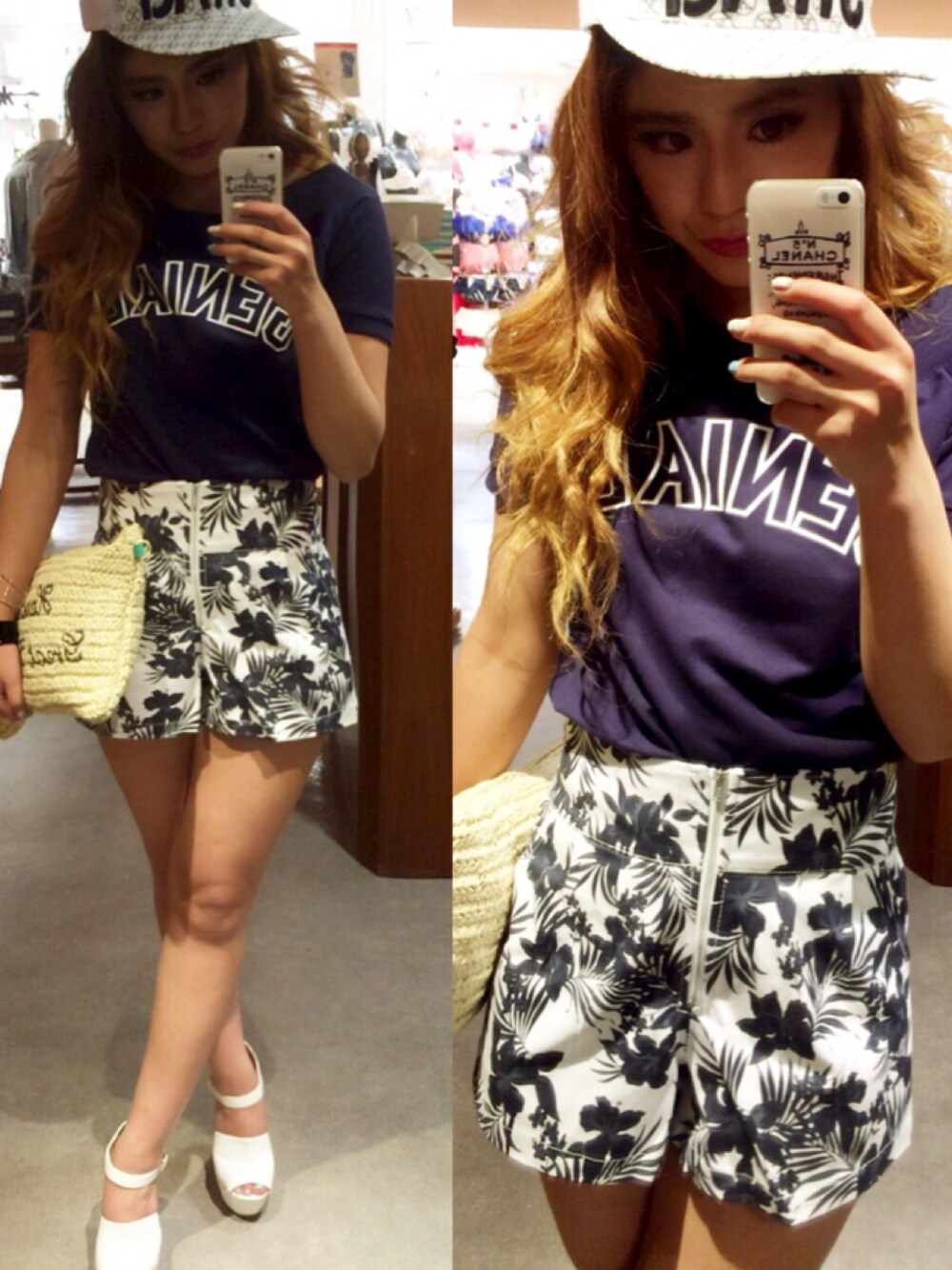 「VENCE EXCHANGE、ホワイト、花柄、ネイビー、ハイウエストショーパン、ホワイトキャップ」｜「VENCEEXCHANGEのPTオフショル（Tシャツ/カットソー、ブルー系）」を使った、chiakiさん（レディース・157cm）の春コーディネートの1枚目の写真