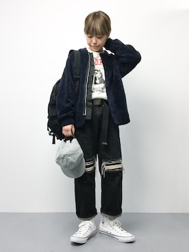 「黒リュック」｜「アイテム（ライダースジャケット）」を使った、konabeさん（レディース・153cm）の秋コーディネート