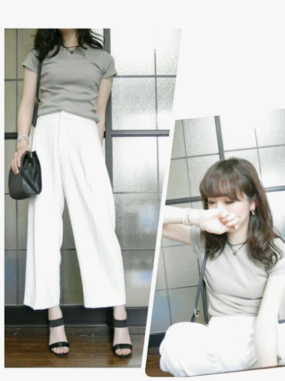 「ユニジョ、UNIQLO、ゆるコーデ、リブニット、ワイドパンツ」｜「UNIQLOのアイテム（Tシャツ/カットソー、ベージュ系）」を使った、林檎さん（レディース・154cm）の夏コーディネートの1枚目の写真