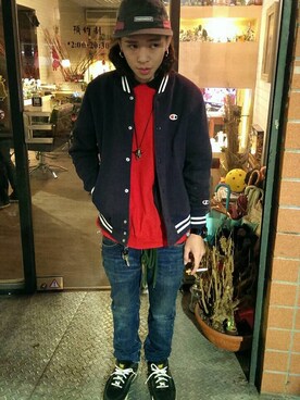 「アイテム（スタジャン）」を使った、硬騎さん（メンズ・170cm・10代）の冬コーディネート