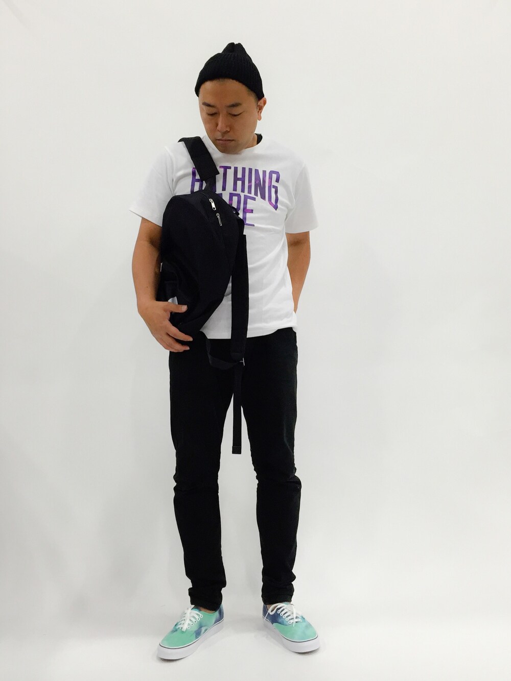 「VANS、A BATHING APE、L.H.P、sable clutch」｜「L.H.Pの【LH】LHP/エルエイチピー/ADAM PATEK/genuine/CORDURA DAY BACK（バックパック/リュック、ブラック系）」を使った、ナカガワ リュウさん（メンズ・172cm）の夏コーディネートの1枚目の写真