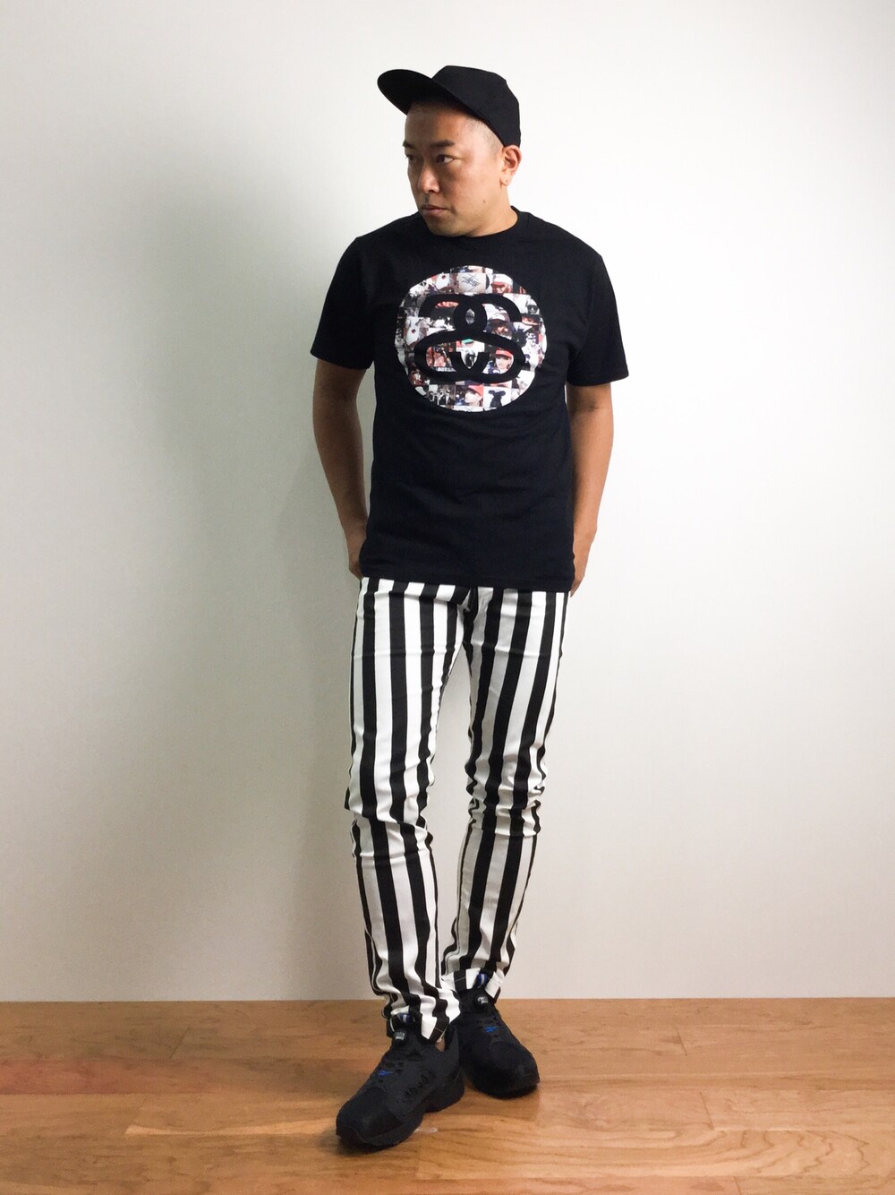 「stussy、ストライプパンツ、MYE-DO'、UP START、Reebokclassic、INSTAPUMP FURY、BRTH BREATH」｜「MYE-DO'のバンダナキャップ（キャップ、ブラック系）」を使った、ナカガワ リュウさん（メンズ・172cm）の夏コーディネートの1枚目の写真