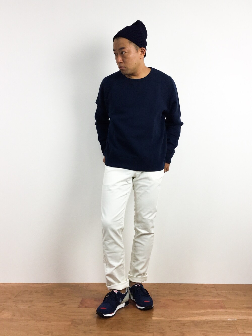 「スウェット、united arrows、ciaopanic、le coq sportif、Custom CulturE」｜「CIAOPANICの【Ciaopanic】　インディゴワッチ（ニットキャップ/ビーニー、ブルー系）」を使った、ナカガワ リュウさん（メンズ・172cm）の夏コーディネートの1枚目の写真
