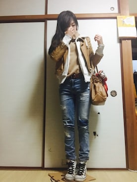 「カシミヤ」｜「アイテム（ライダースジャケット）」を使った、mana☆さん（レディース・157cm）の冬コーディネート