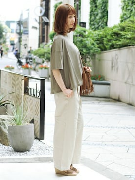 「JOURNAL STANDARD relume(ジャーナルスタンダード レリューム)のリネンコットンバンブー 先染めワイドパンツ_#(その他パンツ、グレー系)」を使った、sena*さん(レディース・160cm)の夏コーディネート