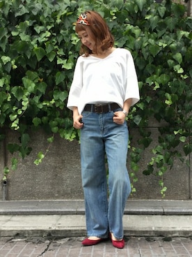 「JOURNAL STANDARD relume(ジャーナルスタンダード レリューム)のコットンミラノポンチ Vネックプルオーバー#(Tシャツ/カットソー、ホワイト系)」を使った、sena*さん(レディース・160cm)の夏コーディネート