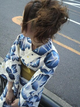 「浴衣（浴衣、ブルー系）」を使った、しばかなさん（レディース・165cm）の夏コーディネート