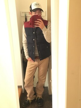 「アイテム（ダウンベスト、その他）」を使った、kさん（メンズ・172cm）の春コーディネート