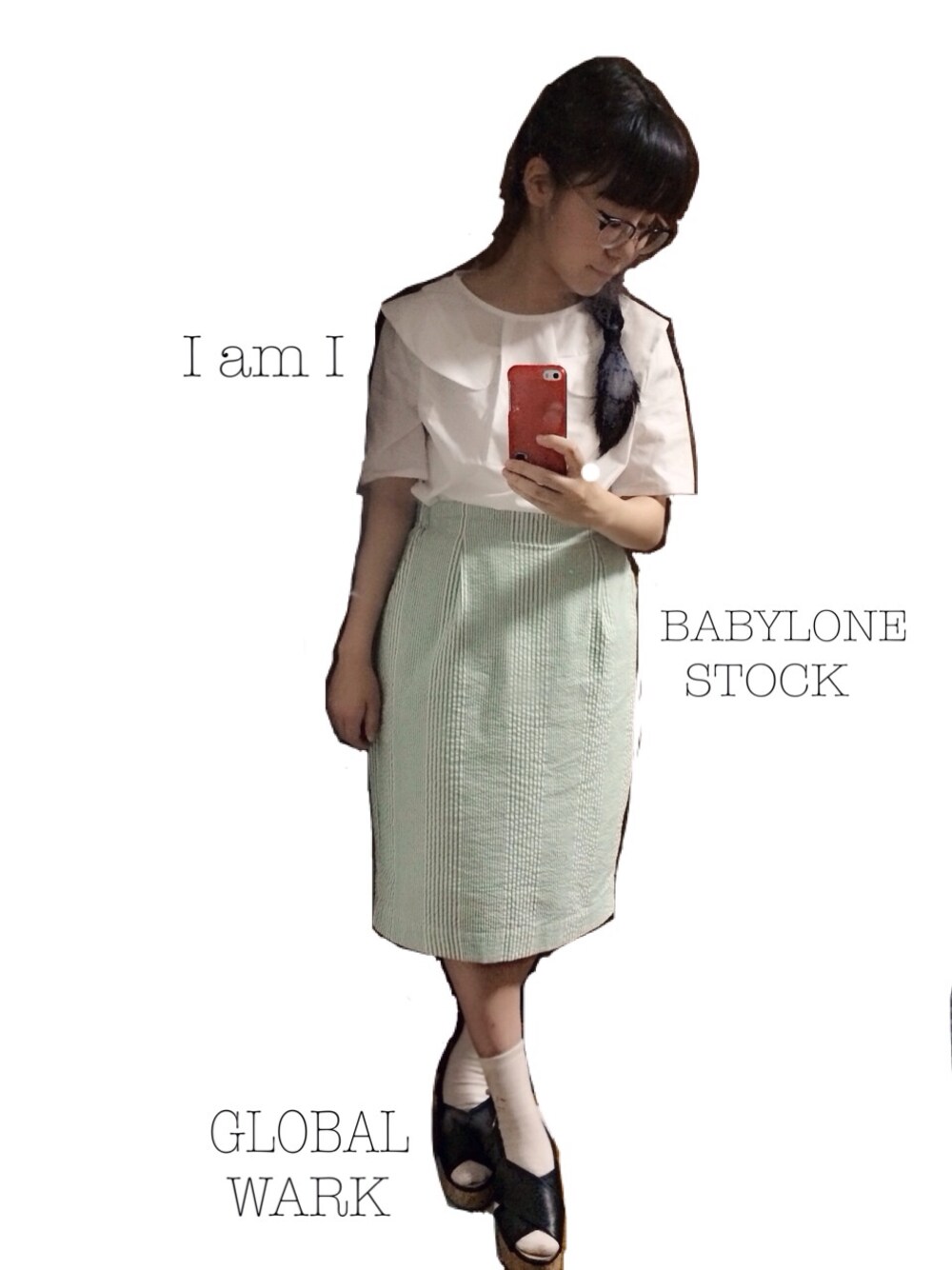 「I am I、グローバルワーク(GLOBAL WORK)、白×緑」｜「I am I in fact...のブラウス（シャツ/ブラウス、ホワイト系）」を使った、３ｉ９ｕさん（レディース・145cm）の夏コーディネートの1枚目の写真