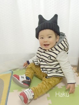 「PETIT BATEAU（プチバトー）のアイテム（ダウンベスト）」を使った、Hakuさん（キッズ・70cm）の冬コーディネート