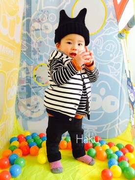「PETIT BATEAU（プチバトー）のアイテム（ダウンベスト）」を使った、Hakuさん（キッズ・70cm）の冬コーディネート